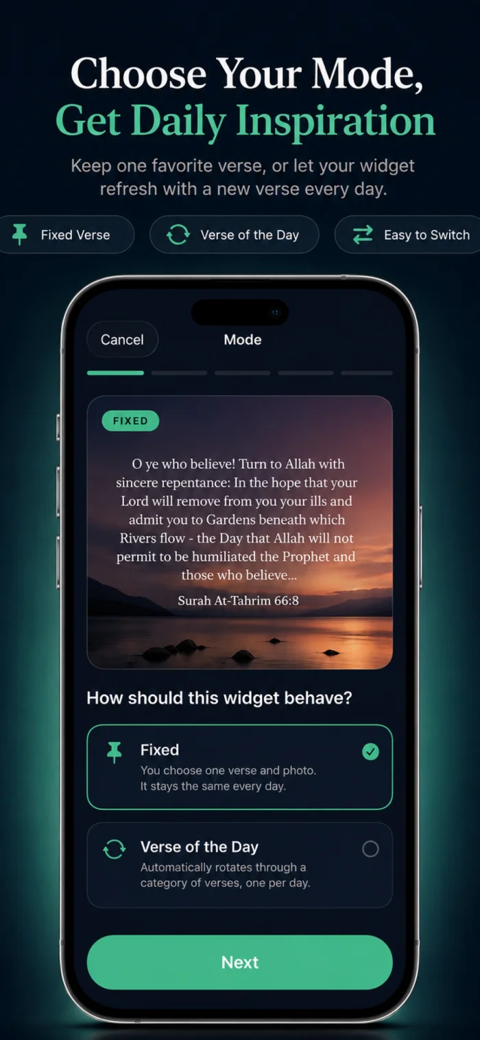 Quran Widget App mode selection screen